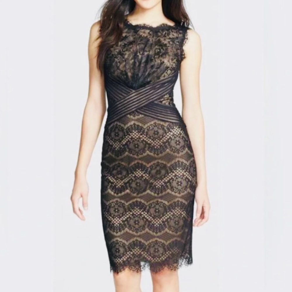 Tadashi Shoji Chantilly Crisscross Lace Boatneck Sheath Midi Cocktail Dress